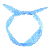 Blue and white polka dot wire headband with bunny ears