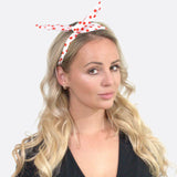 Woman wearing red and white polka dot headband Bunny Ears Retro Polka Dot Wire Headband