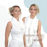 Two women wearing white dresses and scarves with Burnout Aztec Snood Infinity Scarf