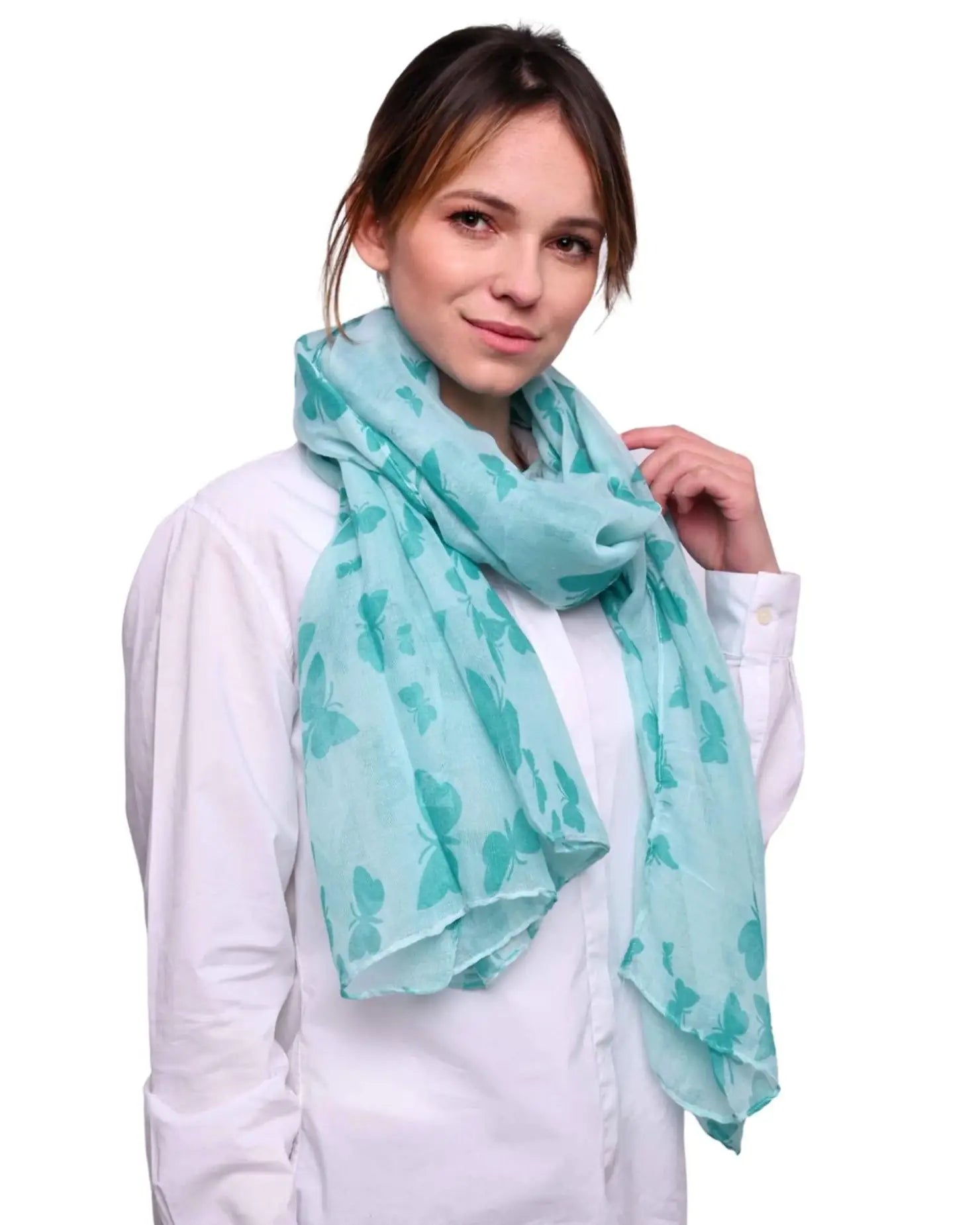 Woman wearing blue scarf with green leaf print, Butterfly Print Oversized Viscose Shawl Wrap for Women.