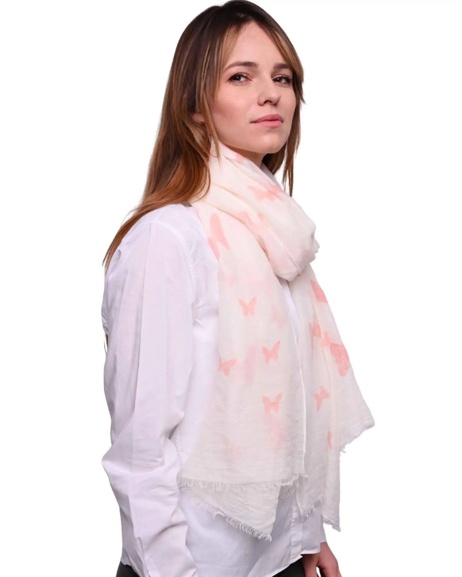 Woman wearing white shirt and pink scarf, showcasing Butterfly Print Oversized Viscose Shawl Wrap for Women.