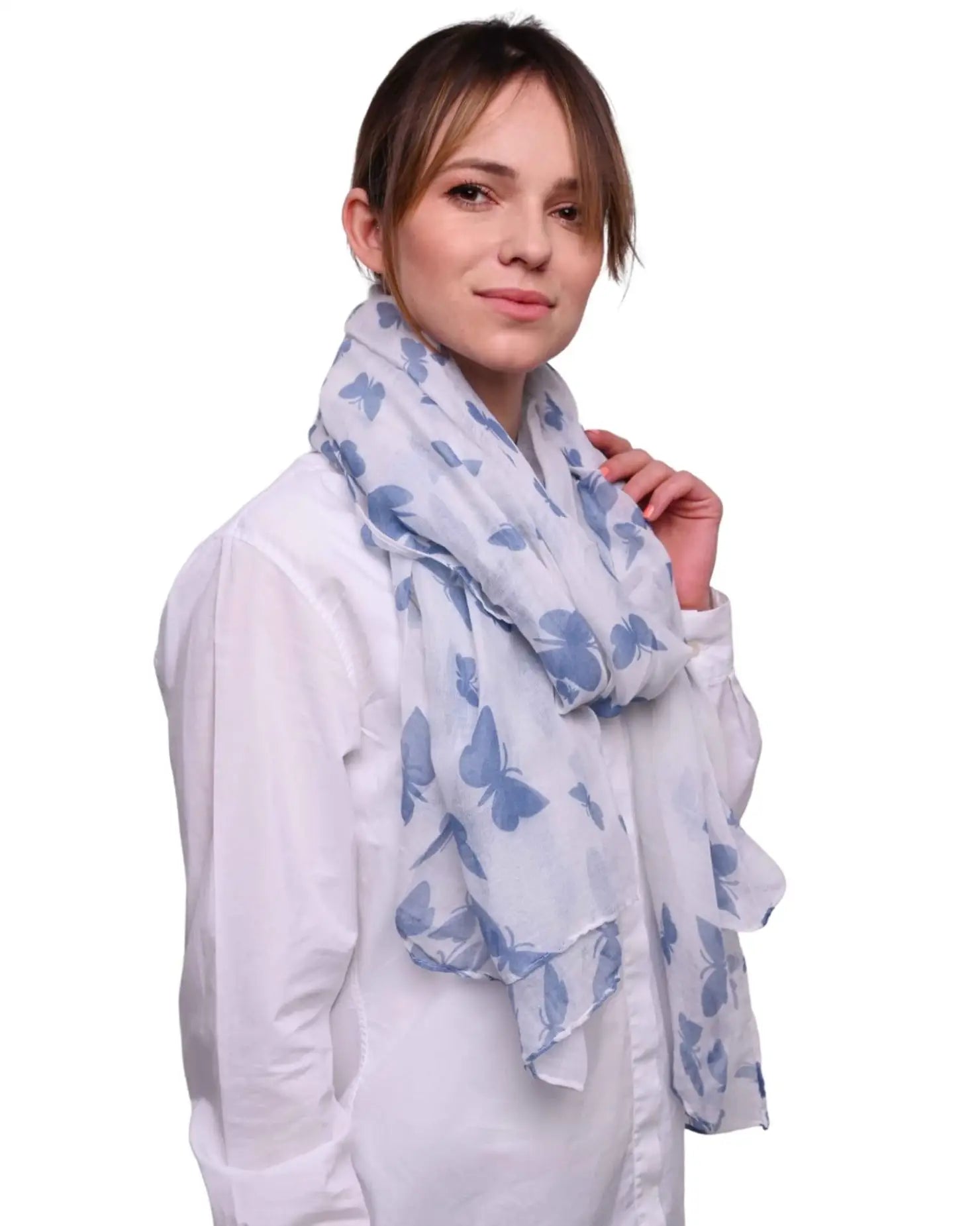 Woman in white shirt and blue scarf styled with Butterfly Print Oversized Viscose Shawl Wrap for Women.