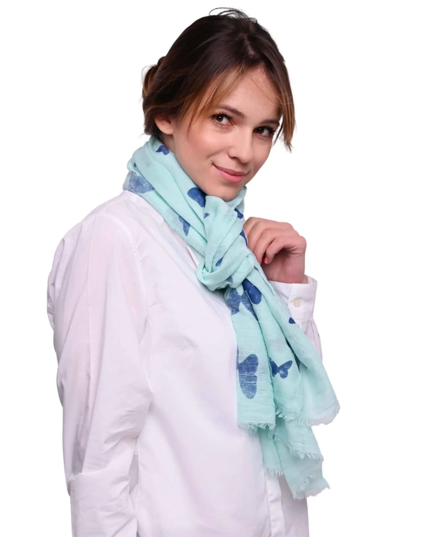 Butterfly print oversized shawl wrap for women, white shirt, blue scarf