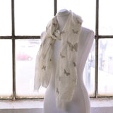 White scarf with birds on it, featured in Butterfly Print Oversized Viscose Shawl Wrap for Women.