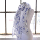 White scarf with blue flower print, Butterfly Print Oversized Viscose Shawl Wrap for Women.