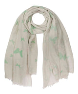 Butterfly print oversized viscose shawl with green leaves