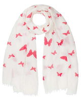 Butterfly Print Oversized Viscose Shawl Wrap for Women - white scarf with pink and red butterflies