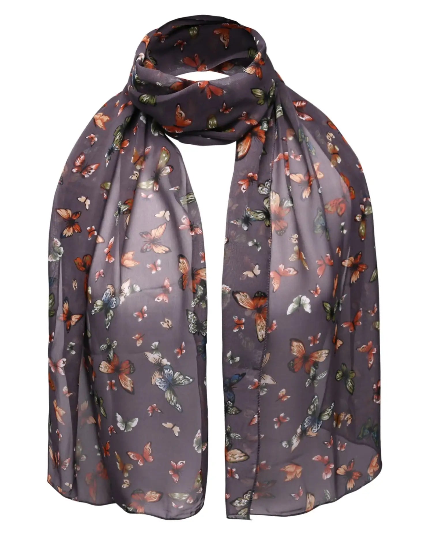 Gray butterfly print scarf featuring a vibrant butterfly pattern for versatile styling