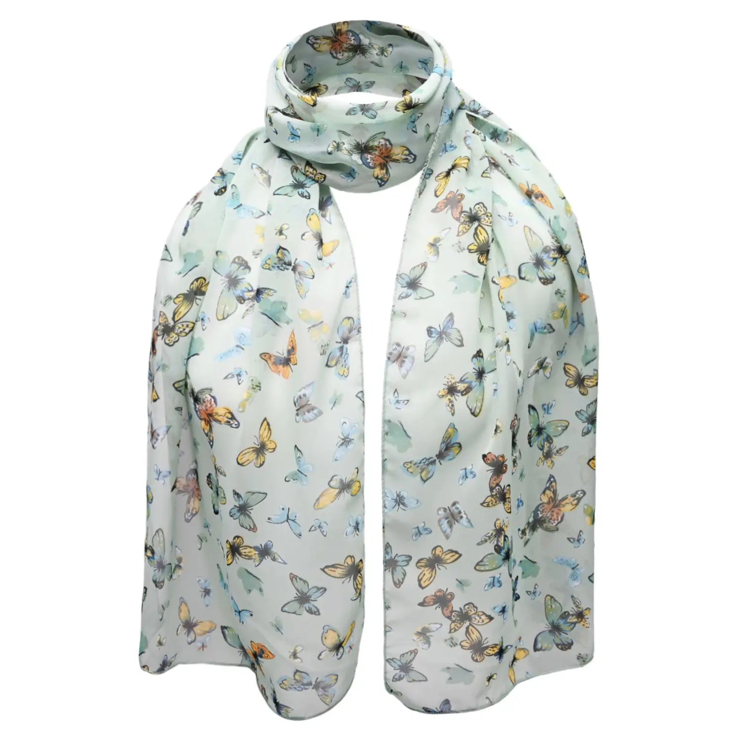 Light blue butterfly print scarf featuring a colorful butterfly pattern, versatile accessory