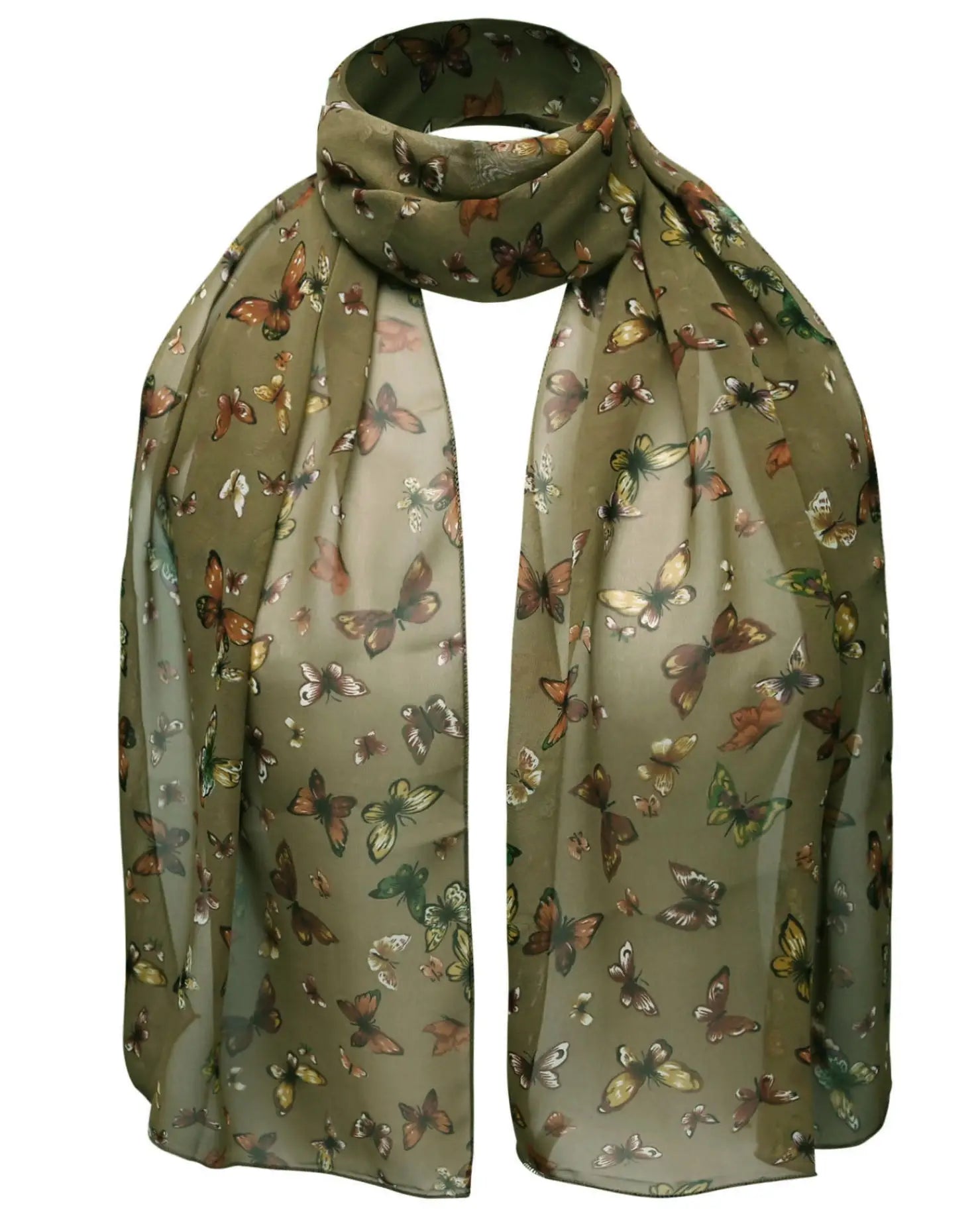 Olive green butterfly print scarf, lightweight and versatile accessory for any occasion