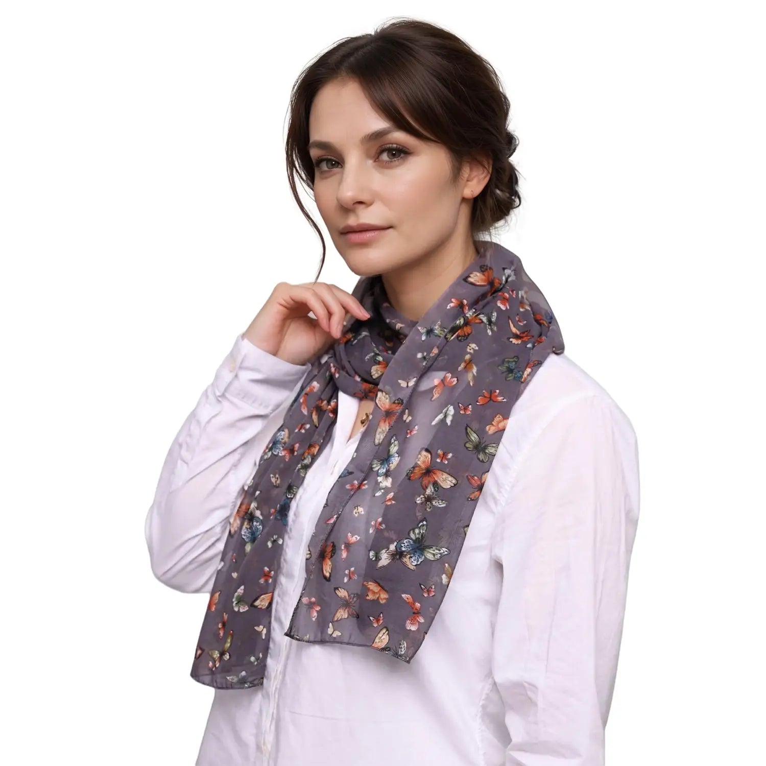 Patterned gray scarf with colorful floral motifs as a stylish butterfly print scarf