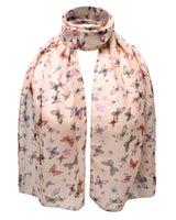 Light pink butterfly print scarf featuring a colorful butterfly pattern for versatile styling