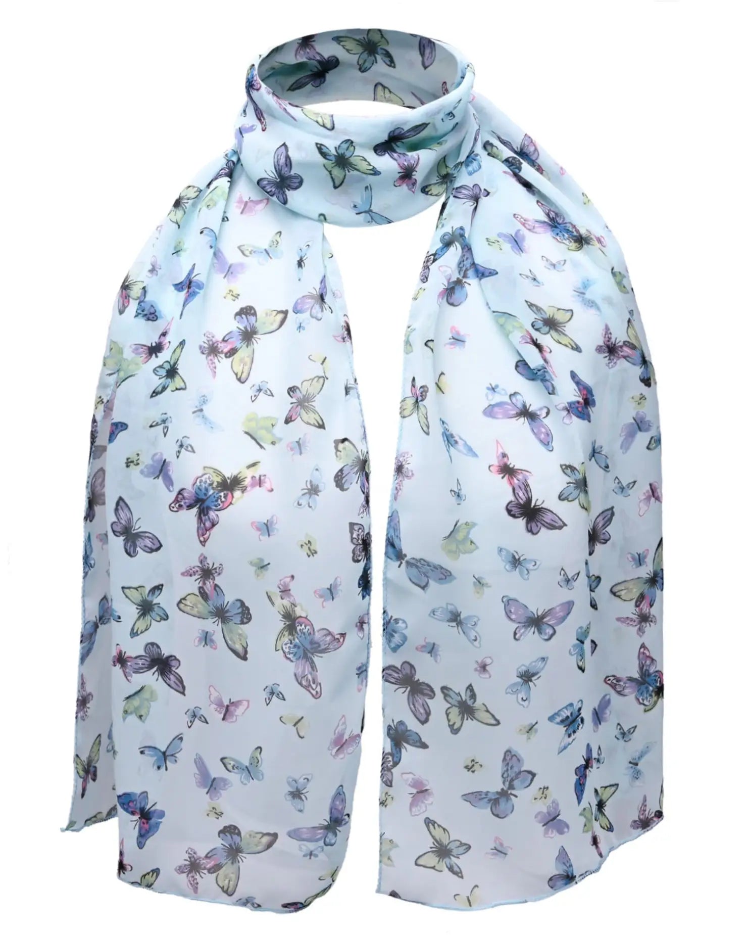 Light blue butterfly print scarf with colorful butterfly pattern, soft and versatile accessory