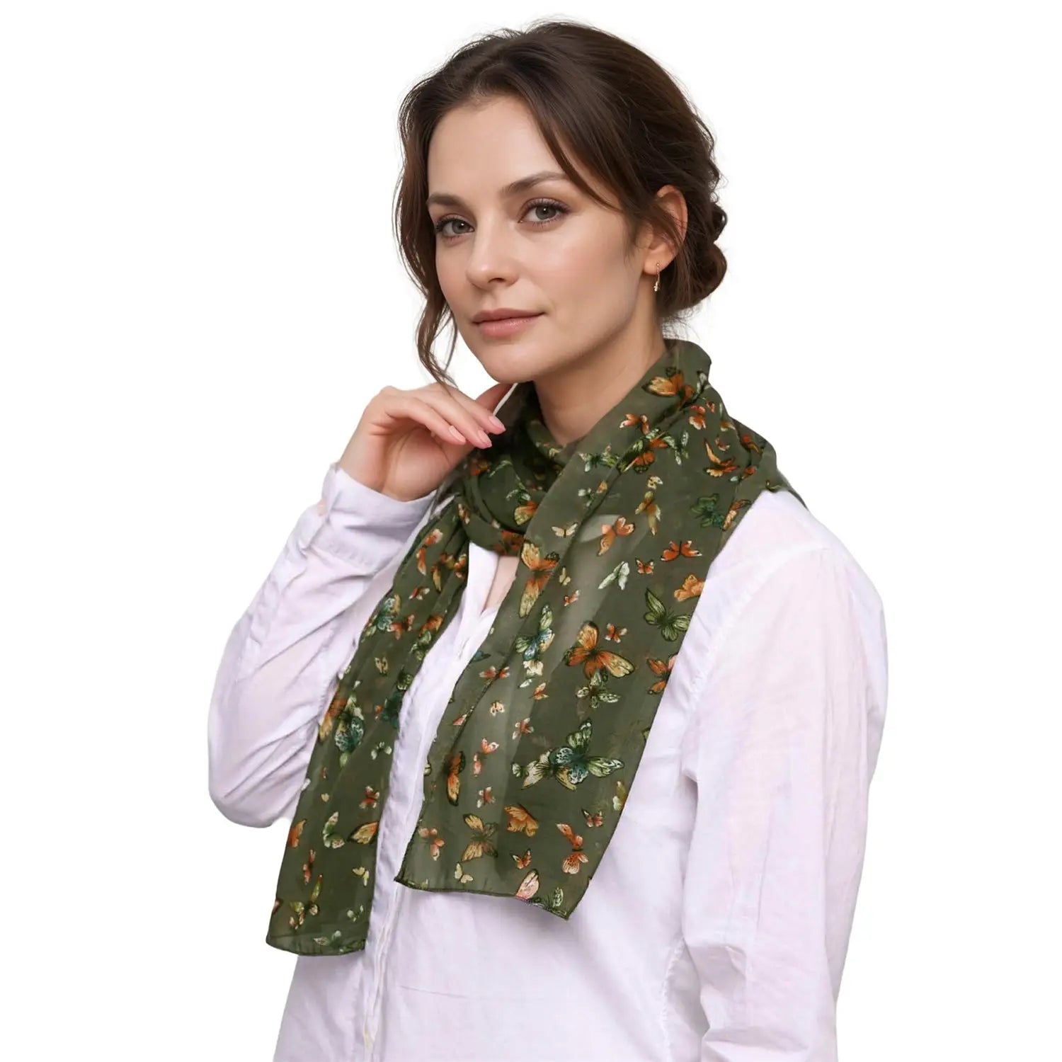 Green floral Butterfly Print Scarf draped loosely around the neck as a versatile accessory