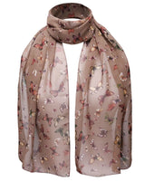 Beige butterfly print scarf with floral design, lightweight and versatile accessory