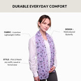 Lavender butterfly print scarf draped over a white shirt, perfect for any occasion