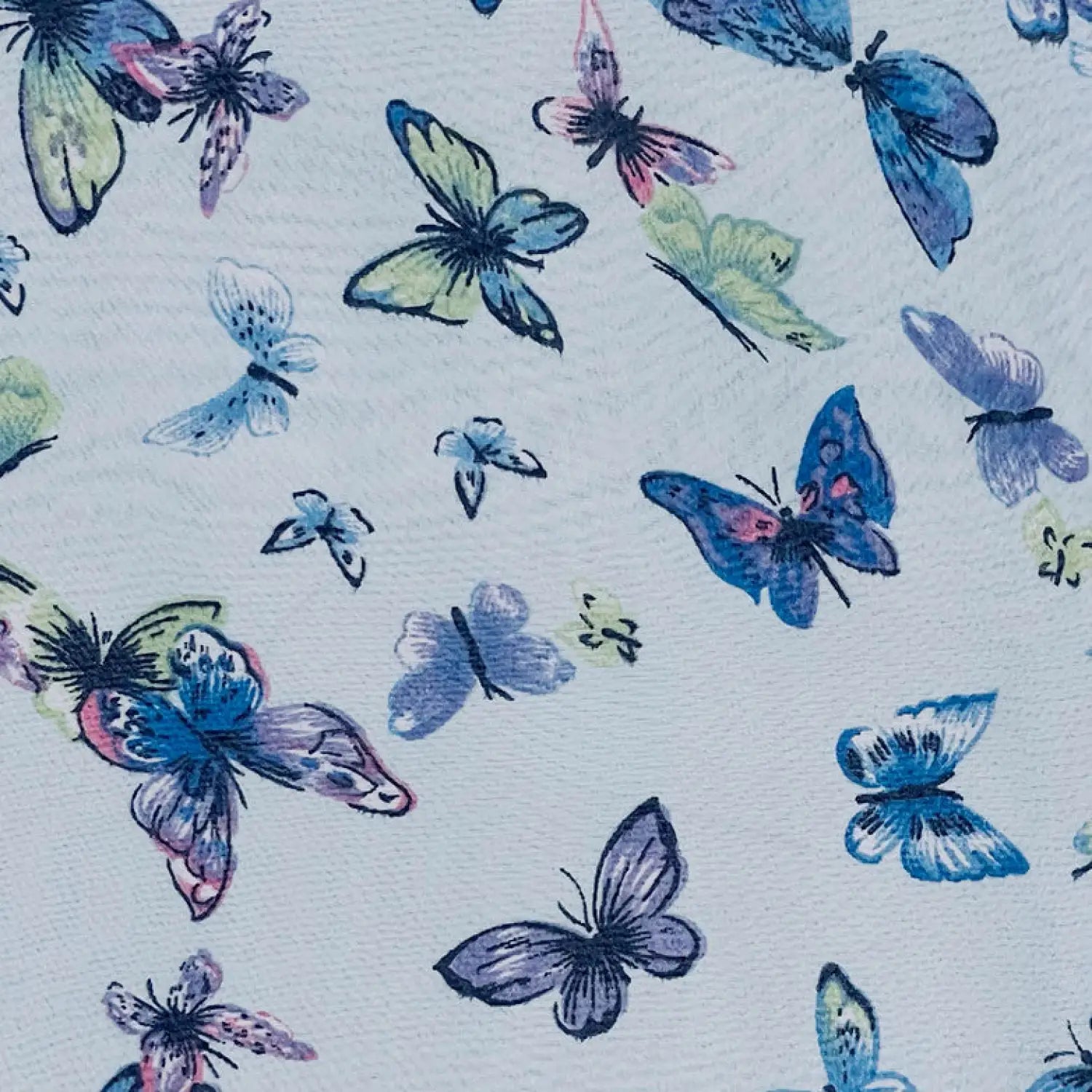 Butterfly Print Scarf: white background with blue and purple butterflies