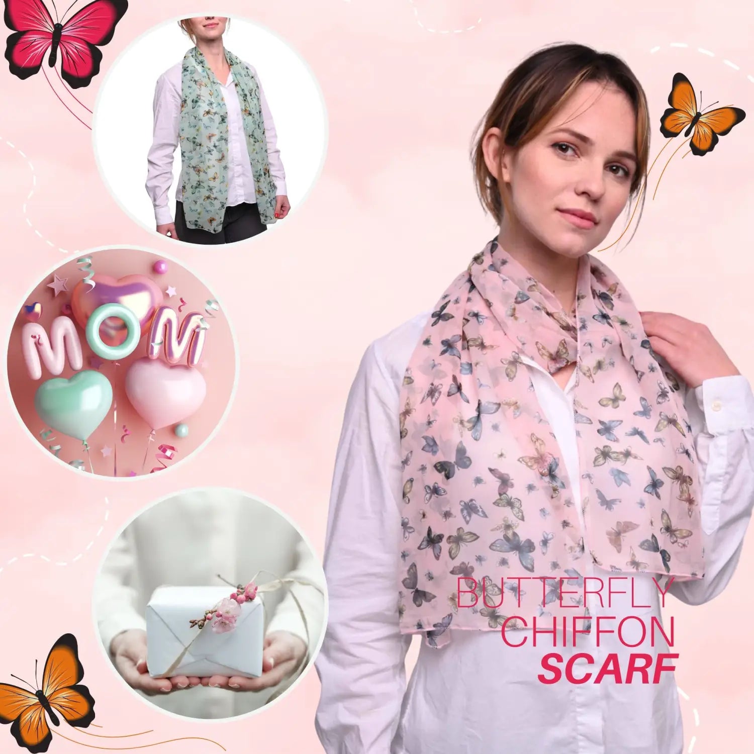 Butterfly print scarf - woman in pink scarf