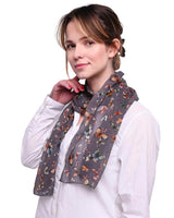 Woman wearing a butterfly print scarf with pattern viewed in Butterfly Print Scarf product.