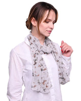 Fashionable woman in white shirt and grey scarf, Butterfly Print Scarf versatile accessory