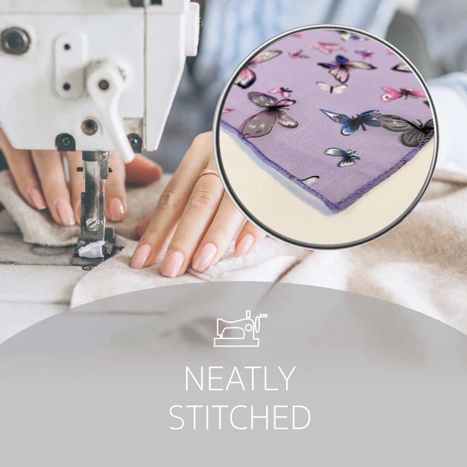 Woman sewing a purple shirt with butterfly print scarf