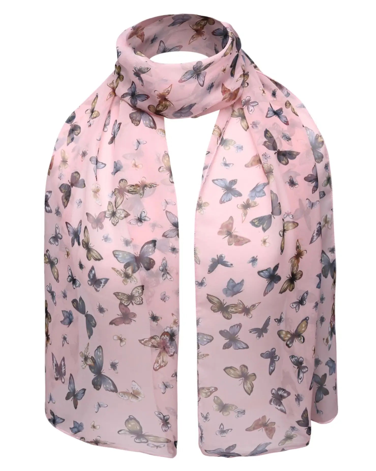 Pink butterfly print scarf: Lightweight, soft & versatile accessory.