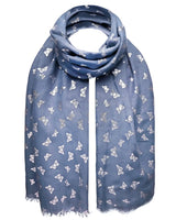 Butterfly print silver foil oversized scarf with blue and silver butterflies
