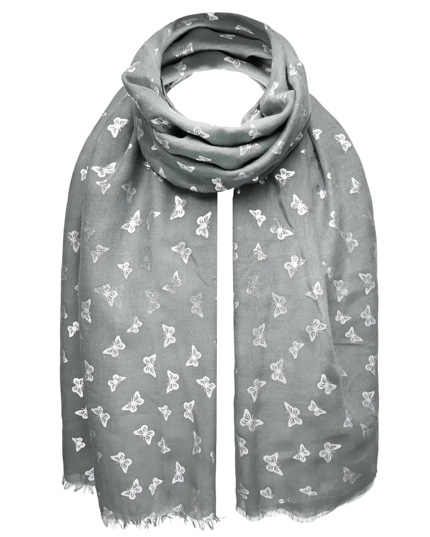 Grey oversized scarf with white butterflies, Butterfly Print Silver Foil Oversized Scarf