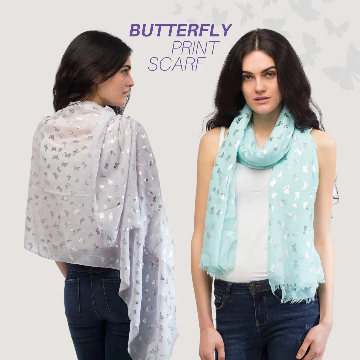 Butterfly print oversized scarf with silver foil pattern on display