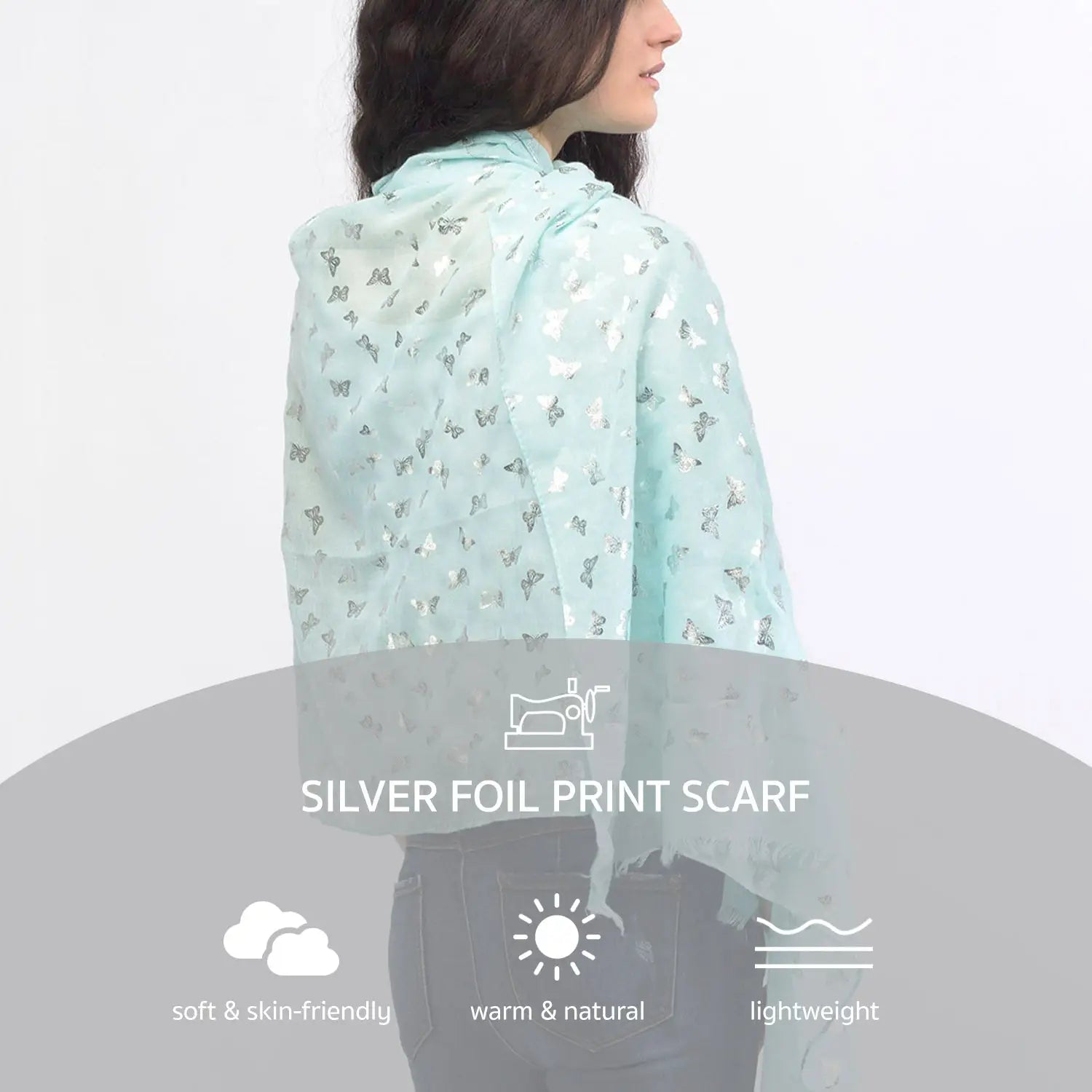 Blue and white floral print jacket displayed in Butterfly Print Silver Foil Oversized Scarf