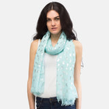 Woman wearing butterfly print oversized scarf with silver foil design