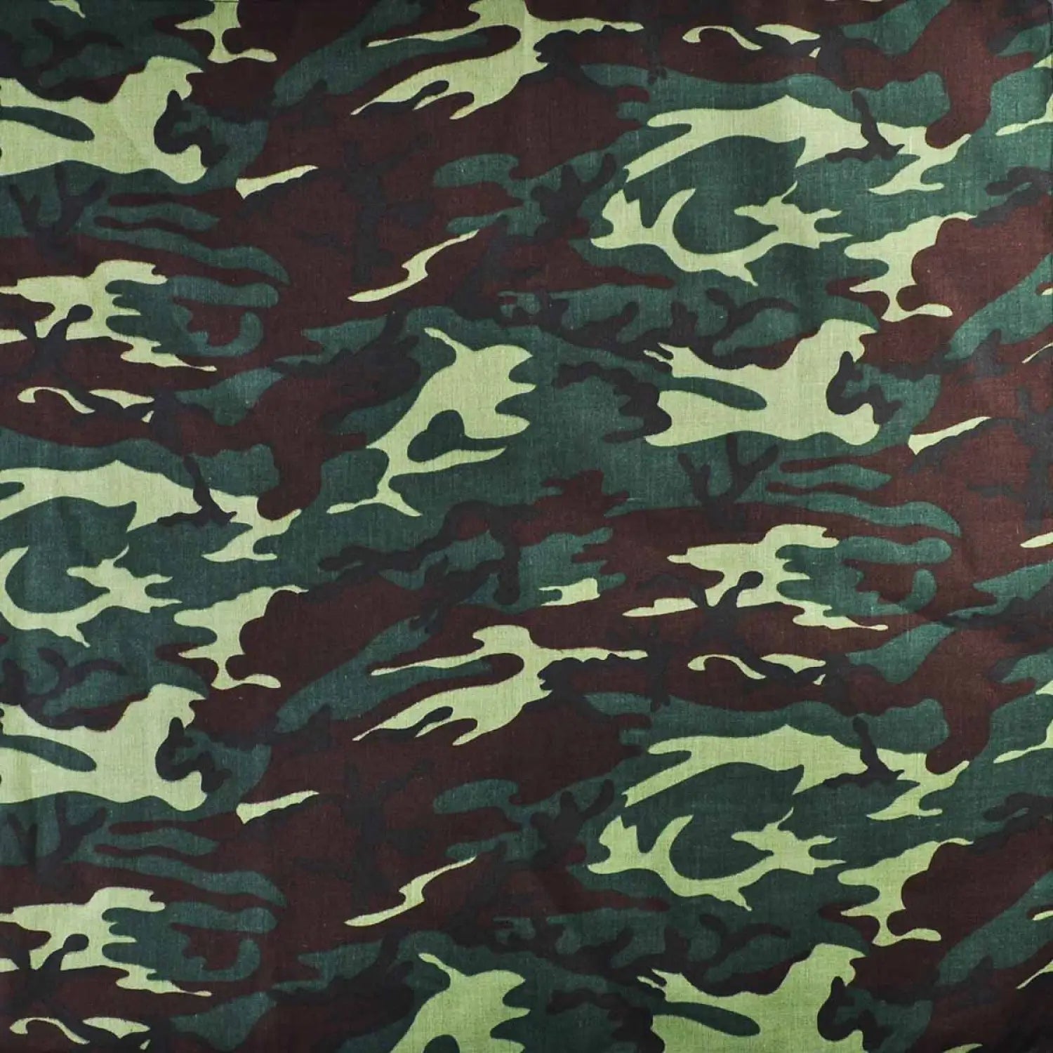 Camouflage military print bandana with green and brown design.
