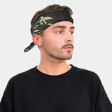 Man wearing black t-shirt and green camouflage headband from Camouflage Military Print Bandana - 100% Cotton.