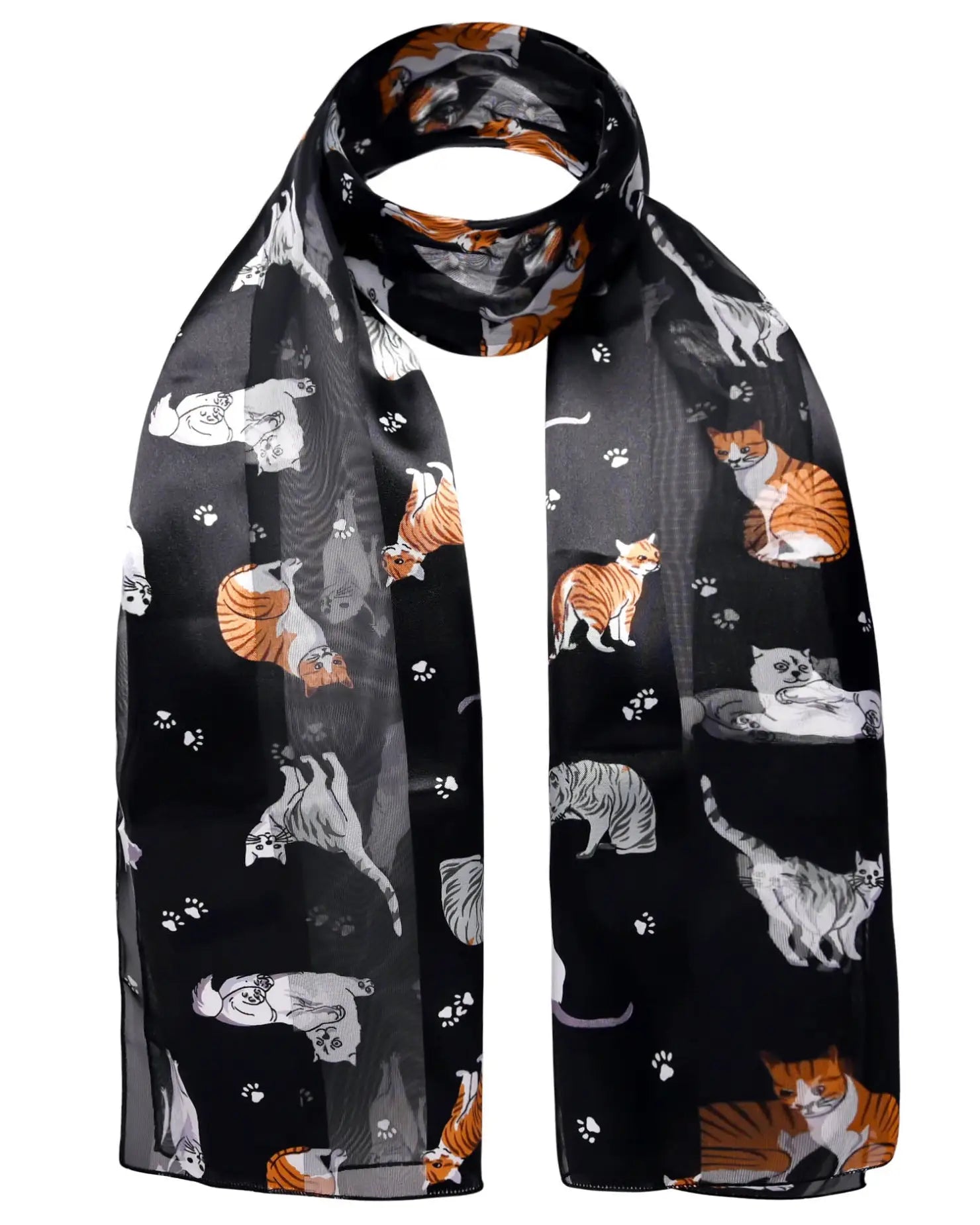 Cat print novelty scarf featuring black scarf with cats.