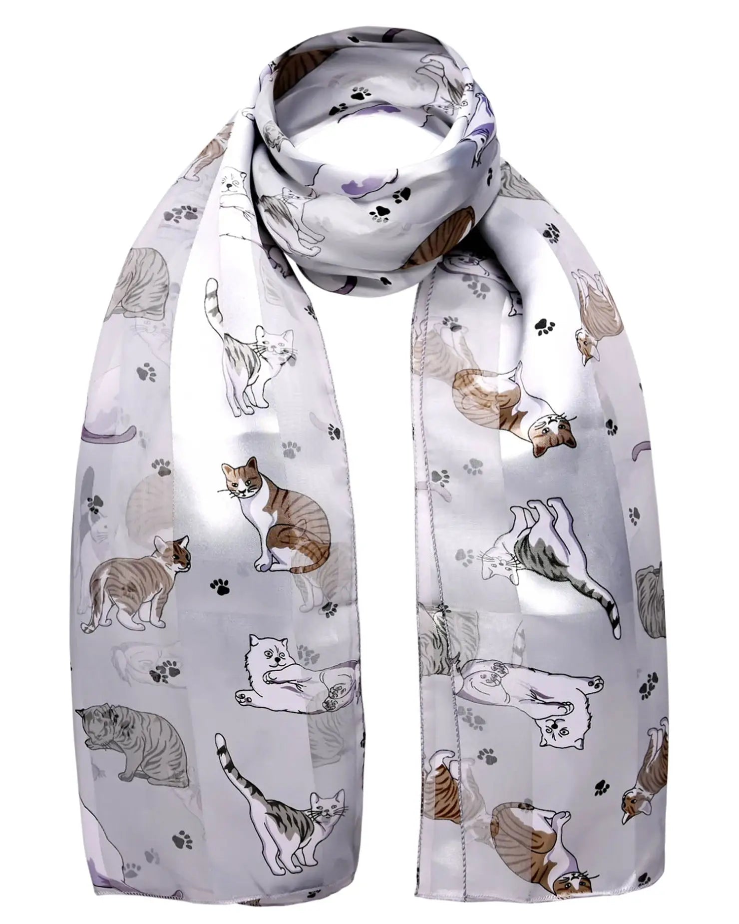 White scarf with cat print pattern displayed in Cat Print Novelty Scarf.