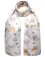 Cat print novelty scarf with white background.
