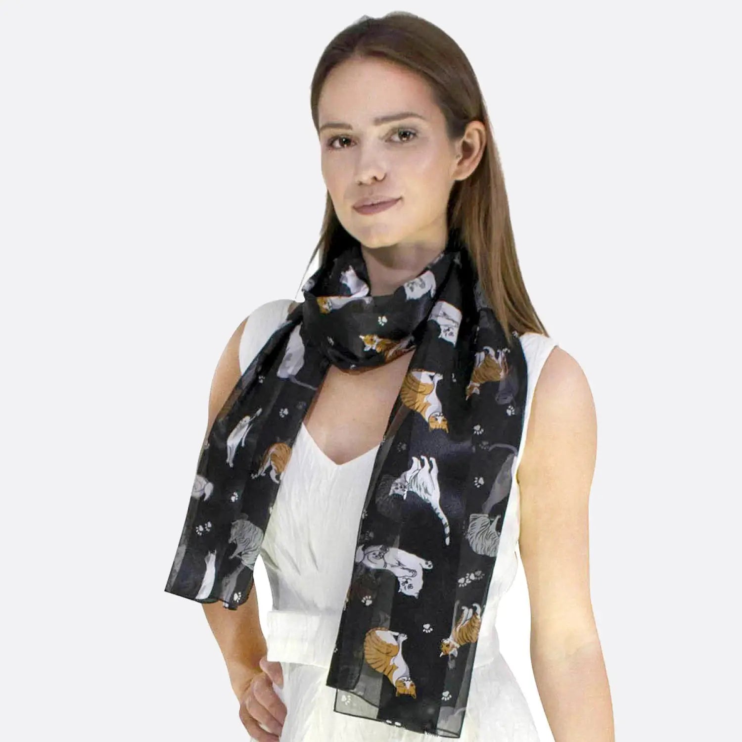 Woman wearing Cat Print Novelty Scarf with cat print