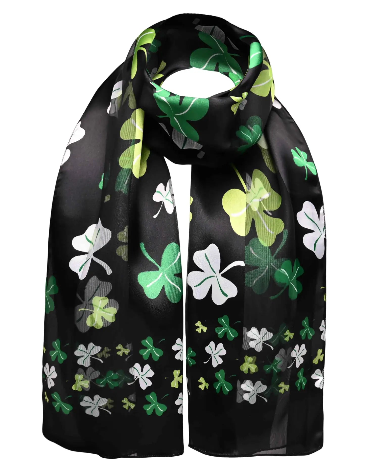 Black satin Celtic Shamrock scarf with green and white shamrocks, perfect for St. Patrick’s Day