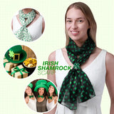 Woman wearing a green Celtic Shamrock satin scarf and hat