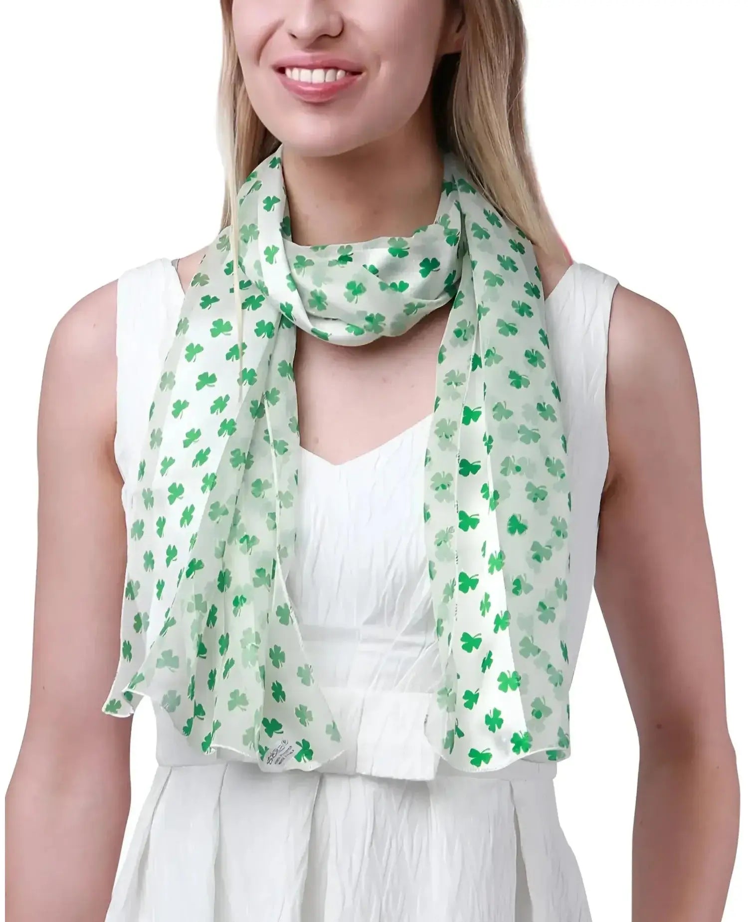 Woman wearing white dress and green shamrock scarf from Celtic Shamrock Satin Scarf & Holder for Irish Pride