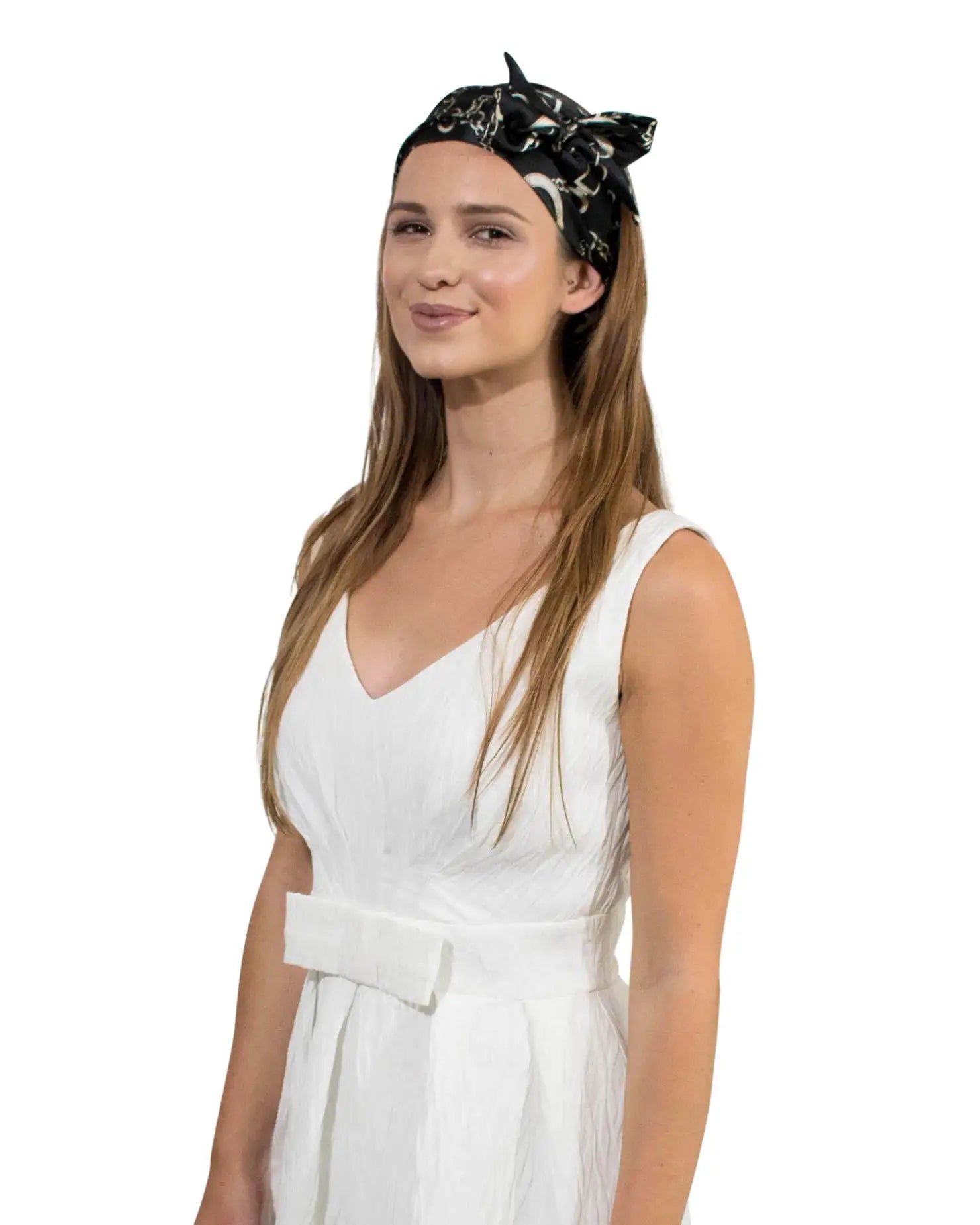 Chain Sailor Print Silky Satin Elastic Headband - Woman in White Dress with Black Headband
