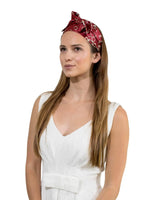 Woman wearing Chain Sailor Print Silky Satin Elastic Headband with red banda banda