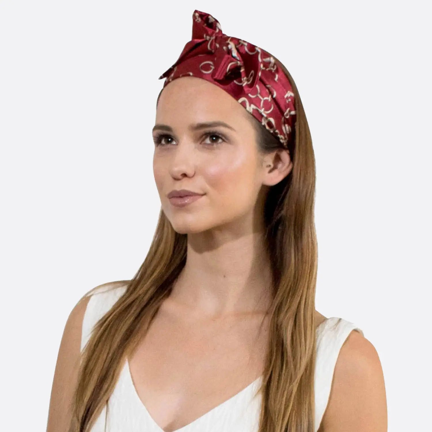 Sailor print silky satin headband on a red bandana-clad woman