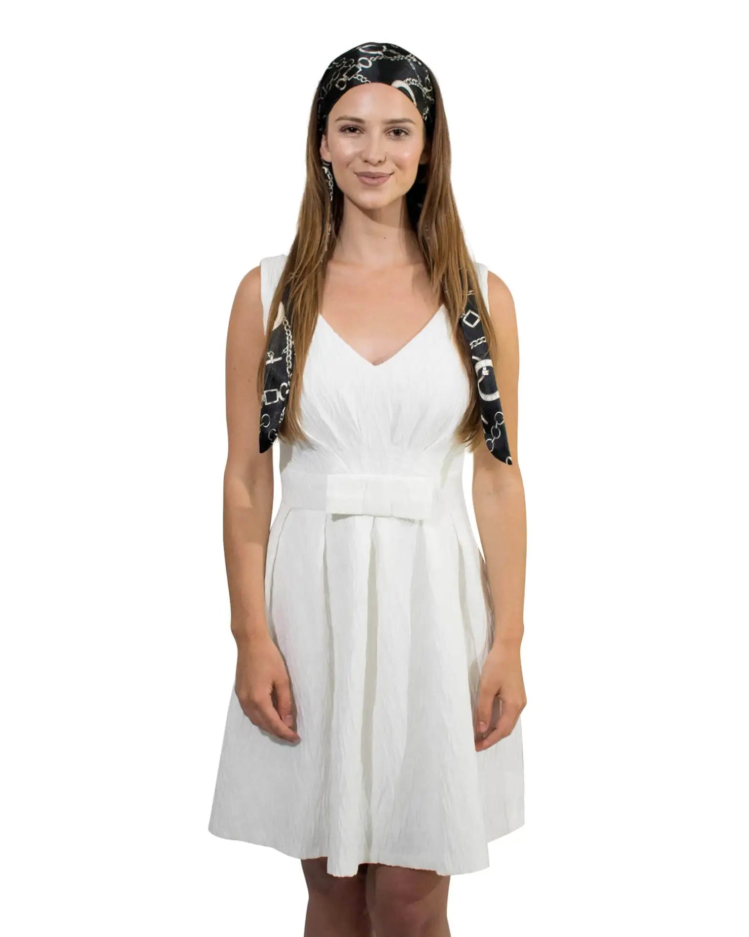Girl in white dress with black and white flowers wearing Chain Sailor Print Silky Satin Elastic Headband