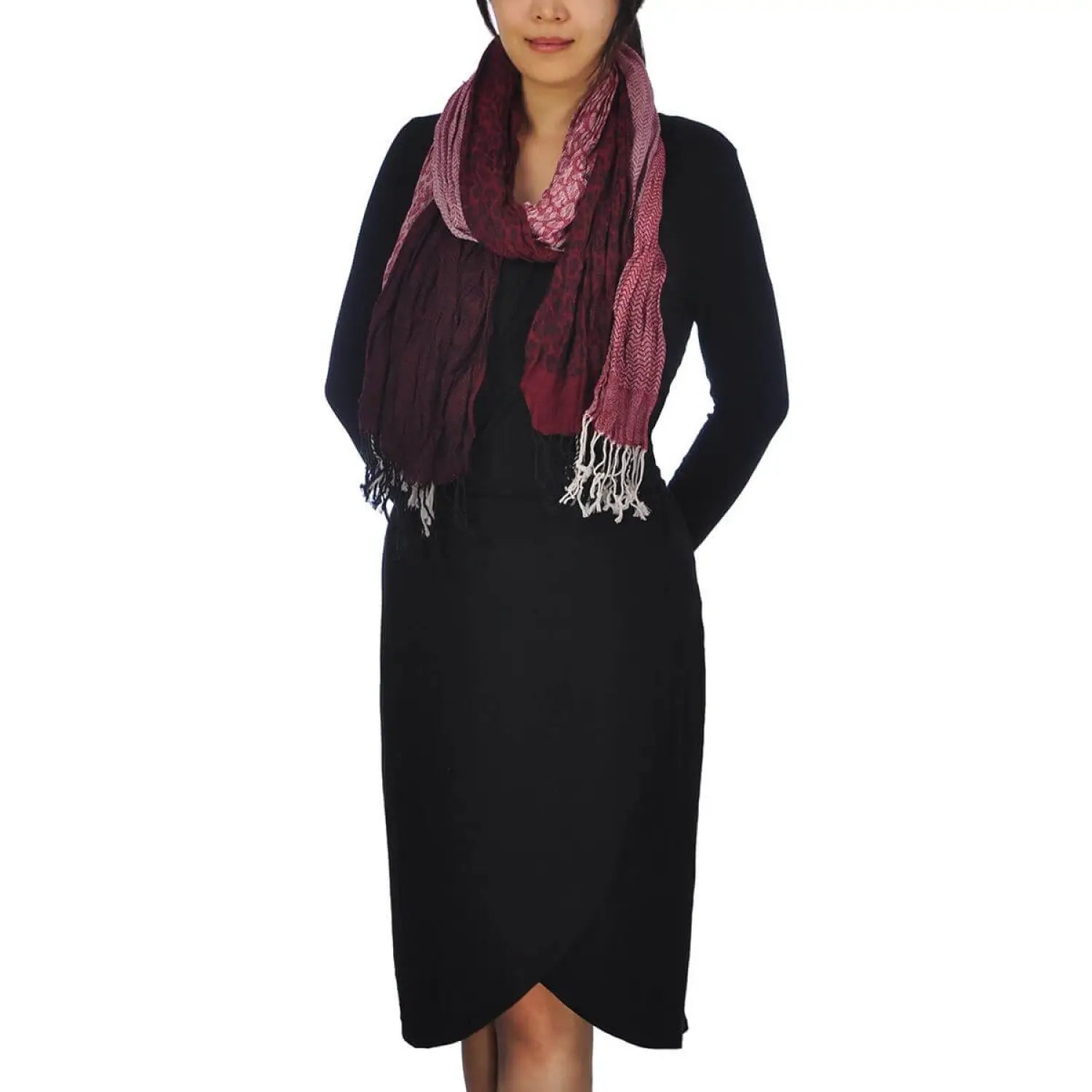 Woman in black dress and maroon scarf – Chic Crinkled Stripes & Leopard Print Tasselled Scarf