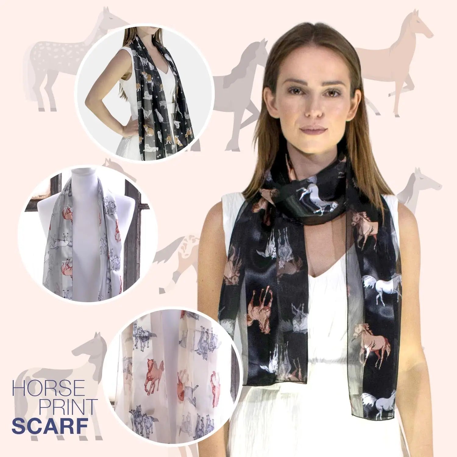 Chic Equestrian Horse & Chain Satin Scarf - Close up of woman wearing horse print scarf