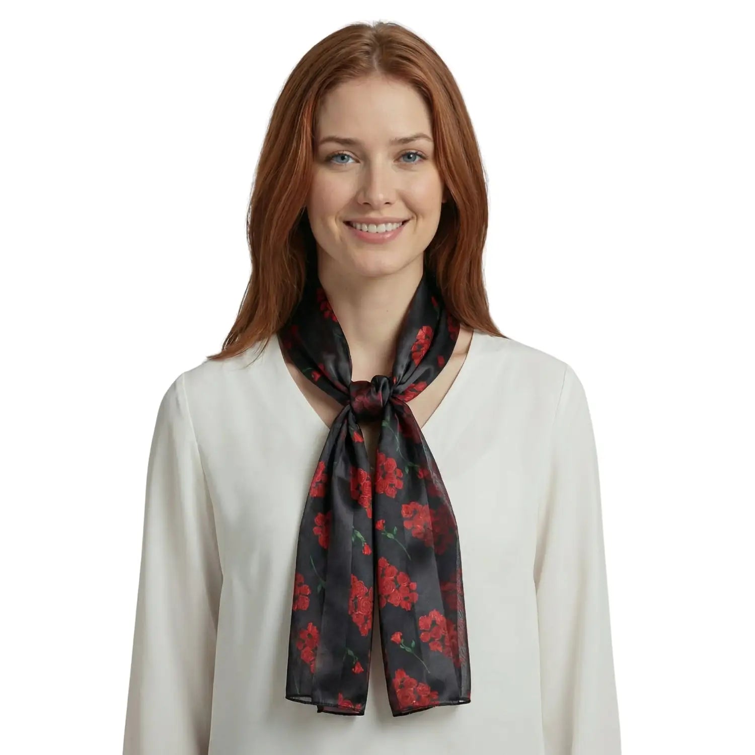 Chic Red Rose Bouquet Pattern Satin Polyester Neck Scarf - Black - Scarves