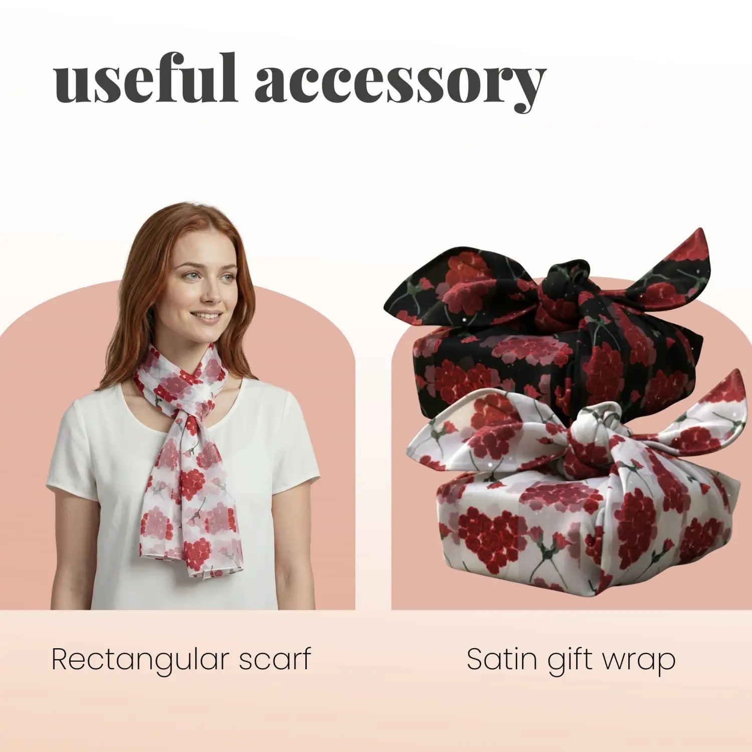 Chic Red Rose Bouquet Pattern Satin Polyester Neck Scarf - Scarves