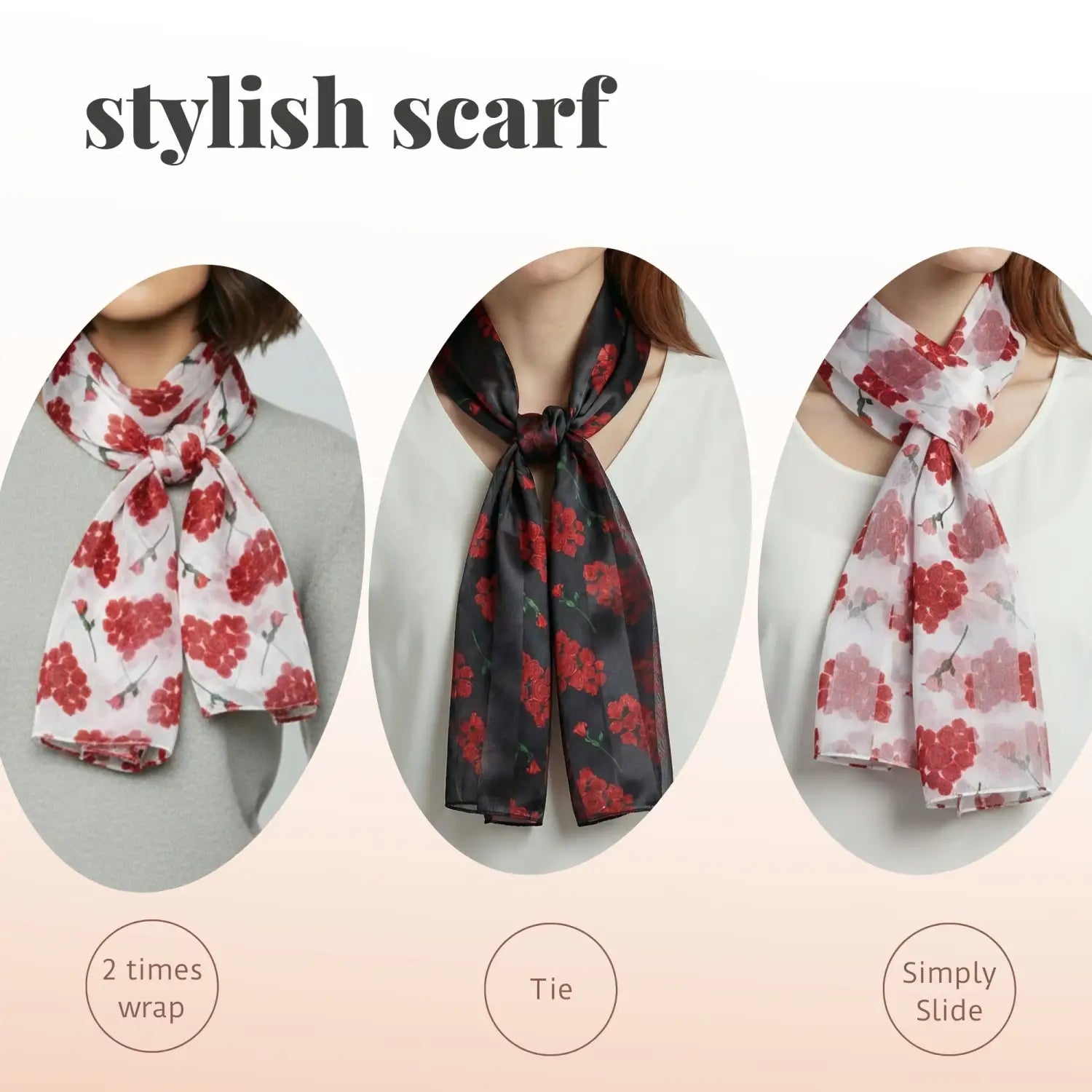 Chic Red Rose Bouquet Pattern Satin Polyester Neck Scarf - Scarves