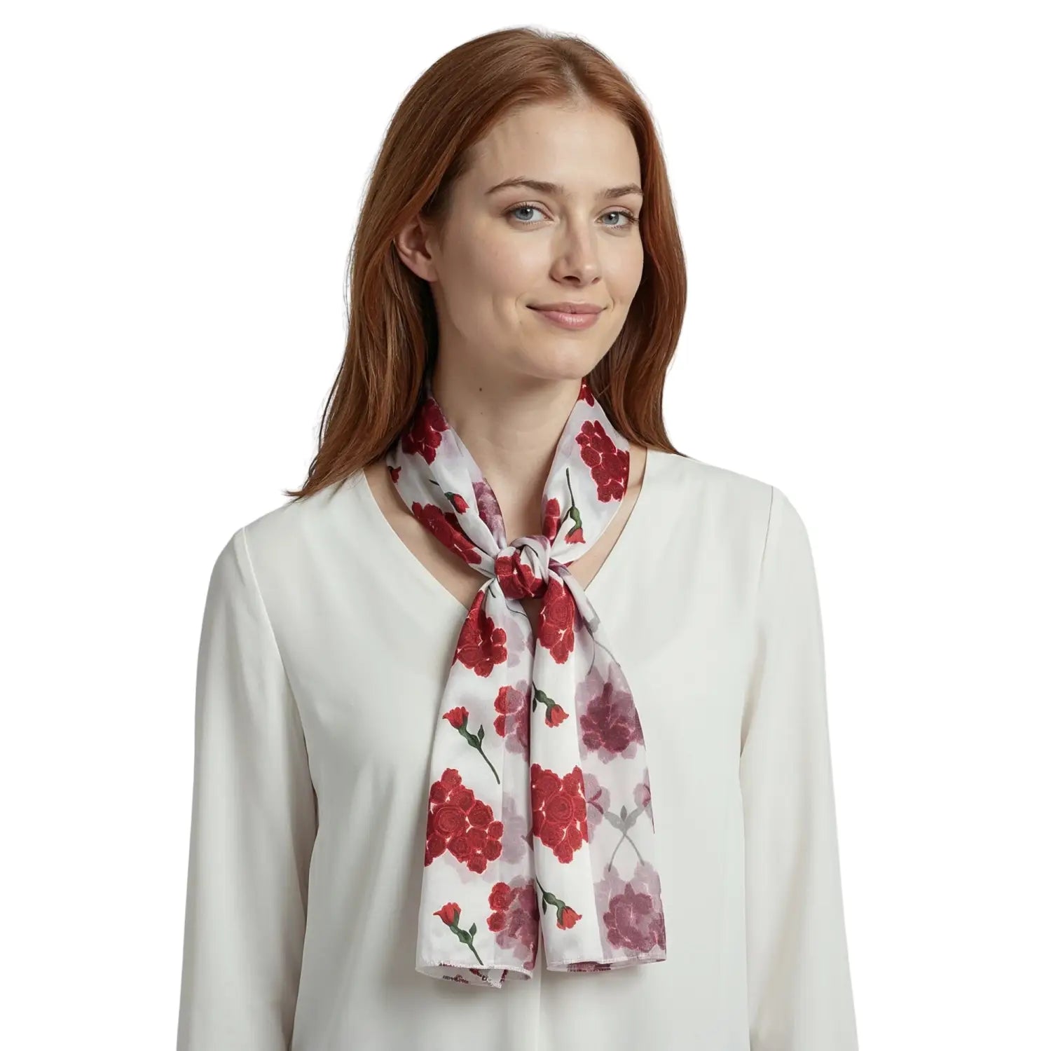 Chic Red Rose Bouquet Pattern Satin Polyester Neck Scarf - White - Scarves